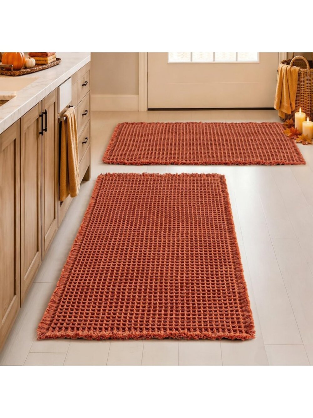 Cozy Fall Orange Waffle Bathroom Rugs Set of 2 | Boho Bath Mats 20x32 Inch